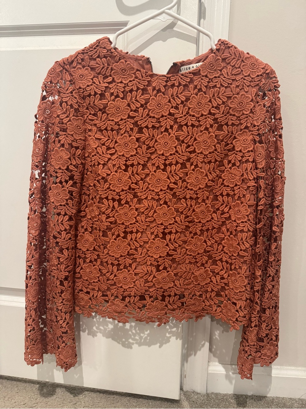 Alice + Olivia Rust Floral Crochet Long-Sleeve Top